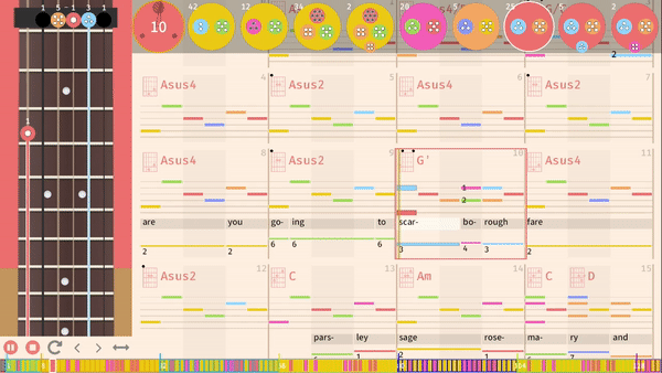 Demo that shows colored chords, notes, and tabs