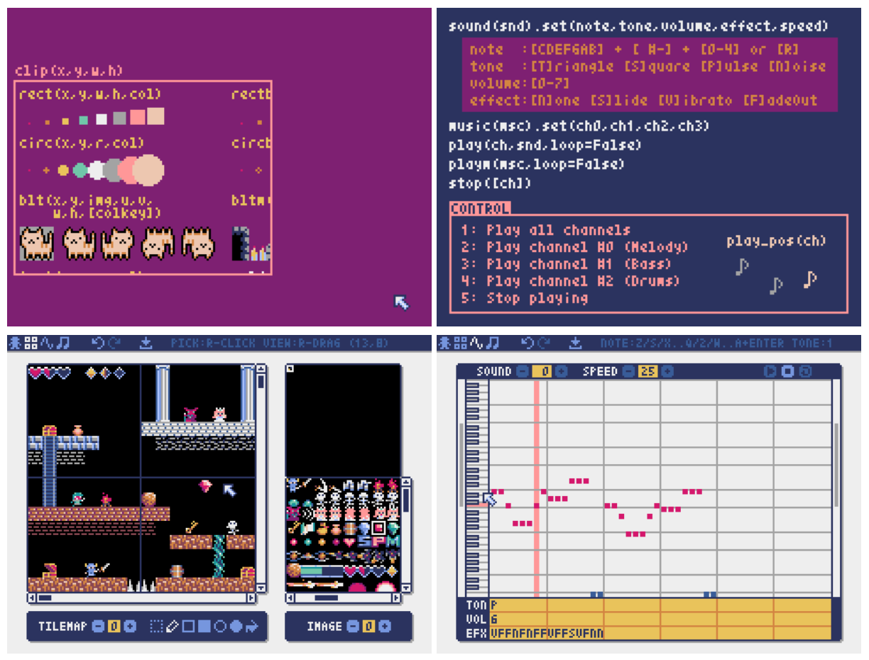 Examples: drawing methods, sound, tilemap and music editors