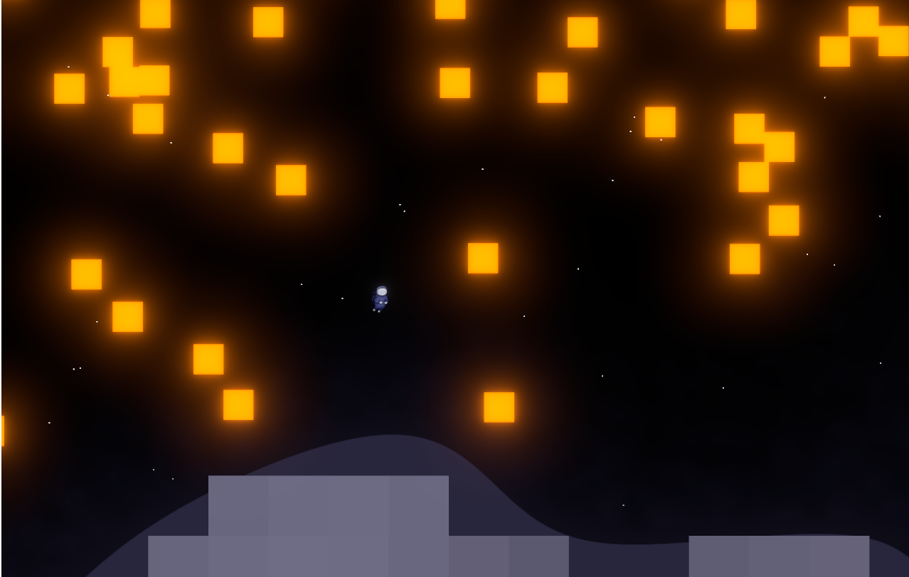 Screenshot of Cargo Space: a cosmonut flying between lots of orange squares