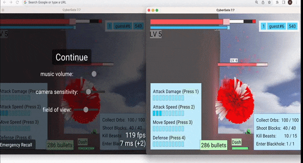 GIF of a player attacking a spherical enemy: one window is active, the other shows the same view but a menu overlay on top